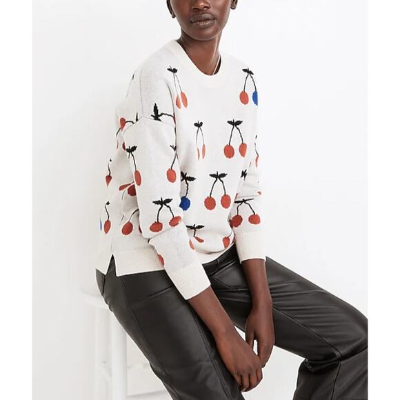 Madewell Cherry Jacquard Pullover Sweater wool blend knit cozy large - Picture 2 of 10